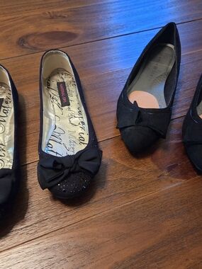 Material Girl Black Bow Accent Flats - TWO pairs